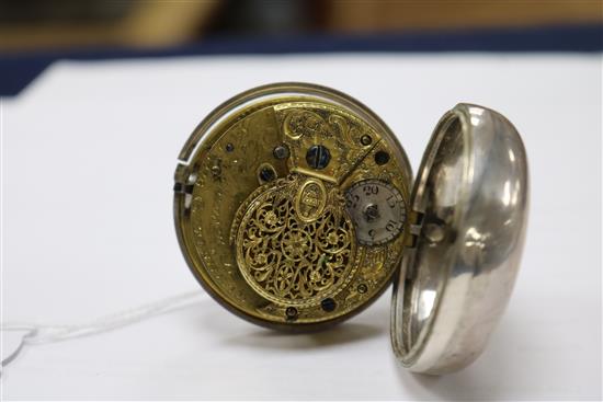 A 19th century silver pair cased pocket watch by Jos. Atkinson, Gateshead, (outer case associated).